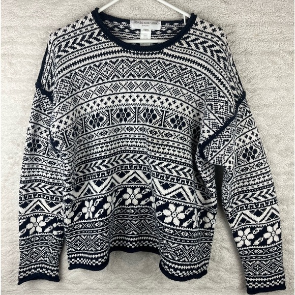 Vintage Nordic Alpine Fair Isle Sweater Black & White Large - Picture 1 of 11